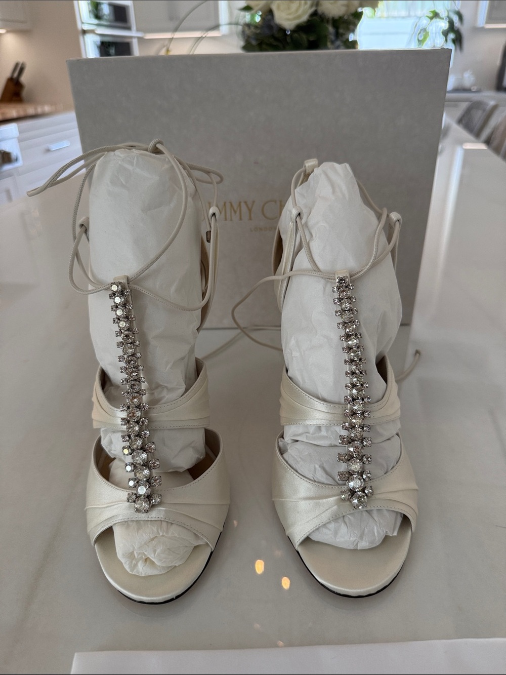 NWT Jimmy Choo White Crystal-T Strap Stiletto Sandals